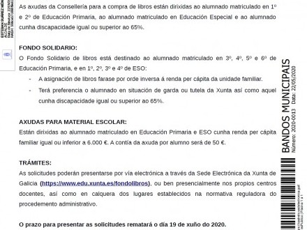 BANDO 13/2020: Axudas para libros, material escolar e acceso ao Fondo Solidario da Xunta.