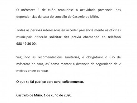 NOTA INFORMATIVA: Reanudacin da actividade presencial na casa do Concello de Castrelo de Mio